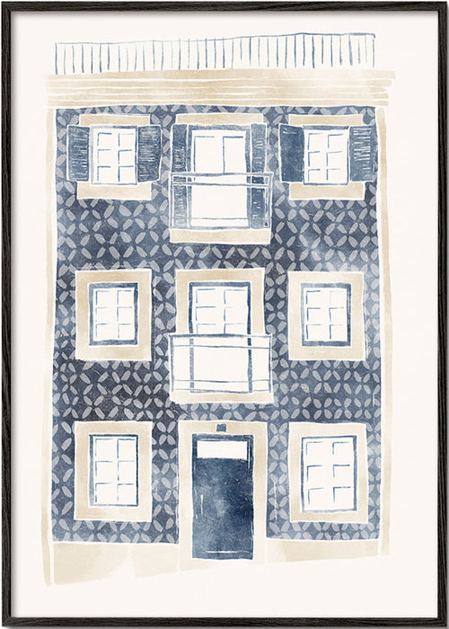 Ilustracja niebieskiej fasady z balkonami – Black Frame