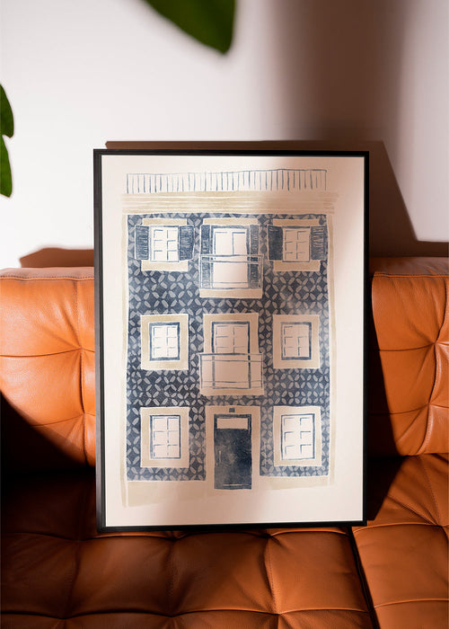 Ilustracja niebieskiej fasady z balkonami – Product1