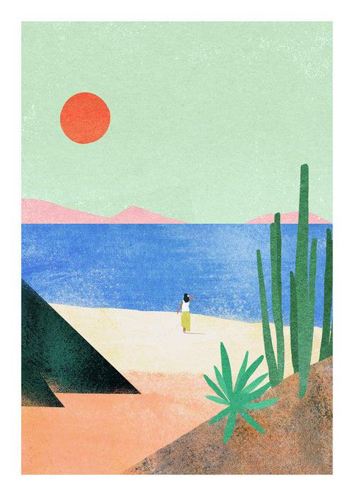 Ilustracja plażowa z odległą postacią