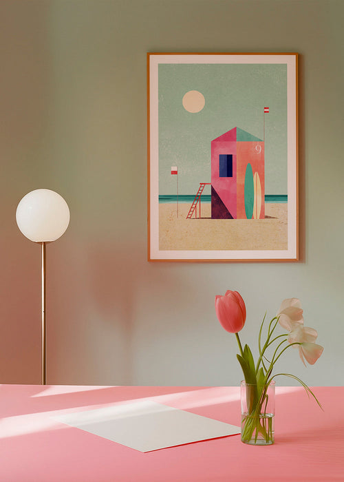 Ilustracja domku surfowego w pastelowych tonach