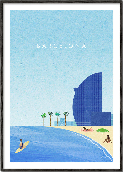 Plakat podróżniczy Barcelona plaża ilustracja