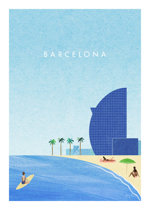 Plakat podróżniczy Barcelona plaża ilustracja