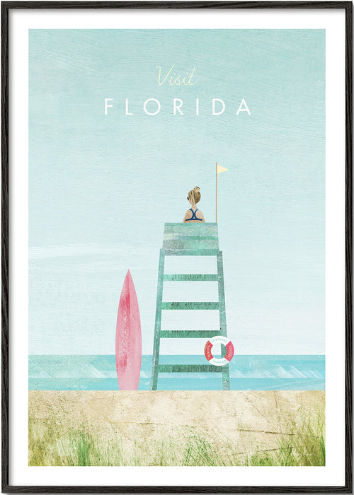 Ilustracja plaży Floryda z wieżą i deską