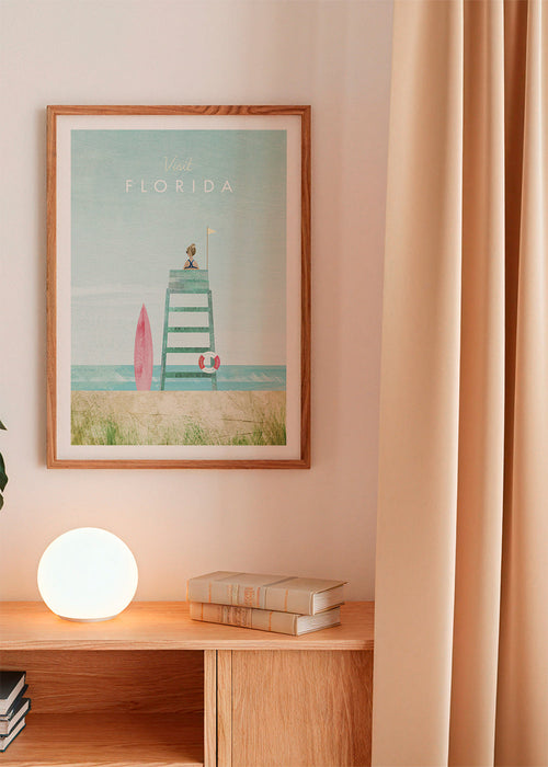 Ilustracja plaży Floryda z wieżą i deską