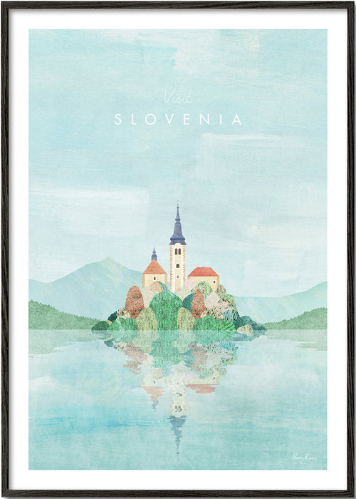 Plakat miasta Słowenia: wyspa z kościołem i odbiciem