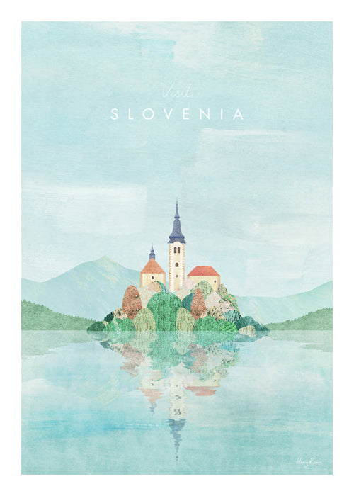 Plakat miasta Słowenia: wyspa z kościołem i odbiciem