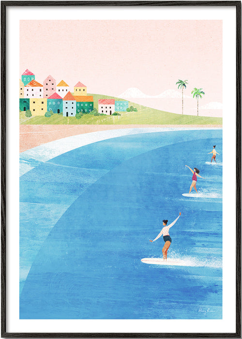 Sztuka sportowa: surferzy na pastelowej plaży
