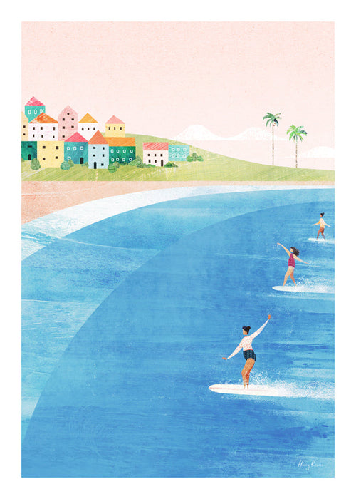 Sztuka sportowa: surferzy na pastelowej plaży