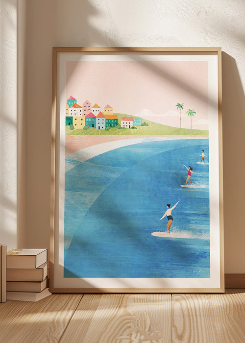 Sztuka sportowa: surferzy na pastelowej plaży