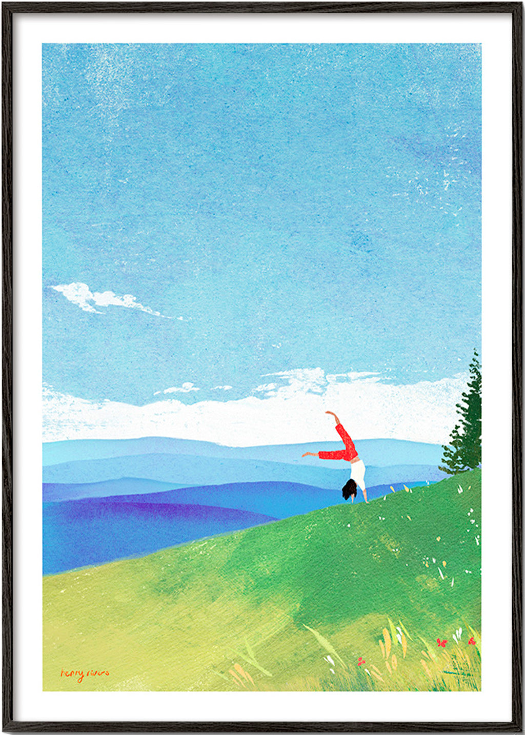 Obraz krajobrazowy z figurą w równowadze na wzgórzu – Black Frame