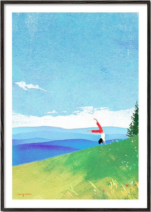 Obraz krajobrazowy z figurą w równowadze na wzgórzu – Black Frame