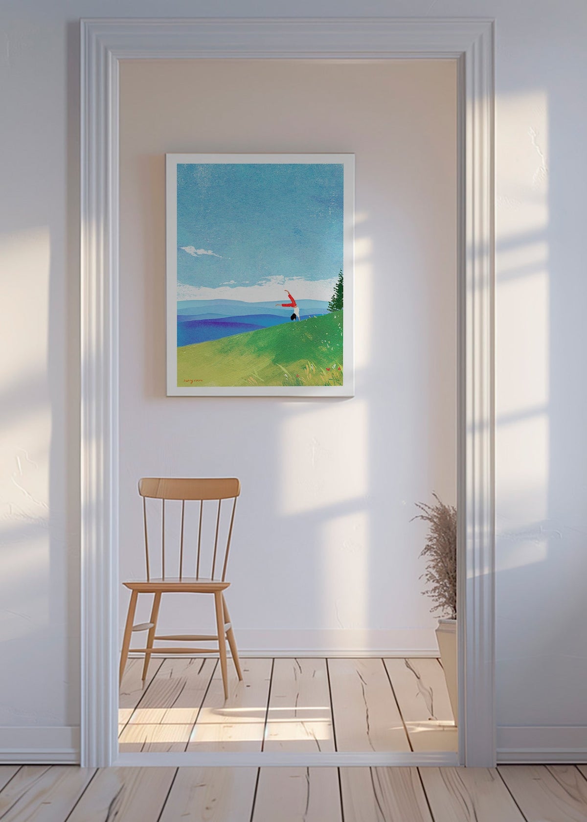 Obraz krajobrazowy z figurą w równowadze na wzgórzu – Canvas