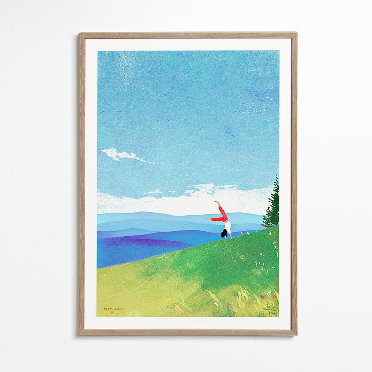 Obraz krajobrazowy z figurą w równowadze na wzgórzu – Oak Frame