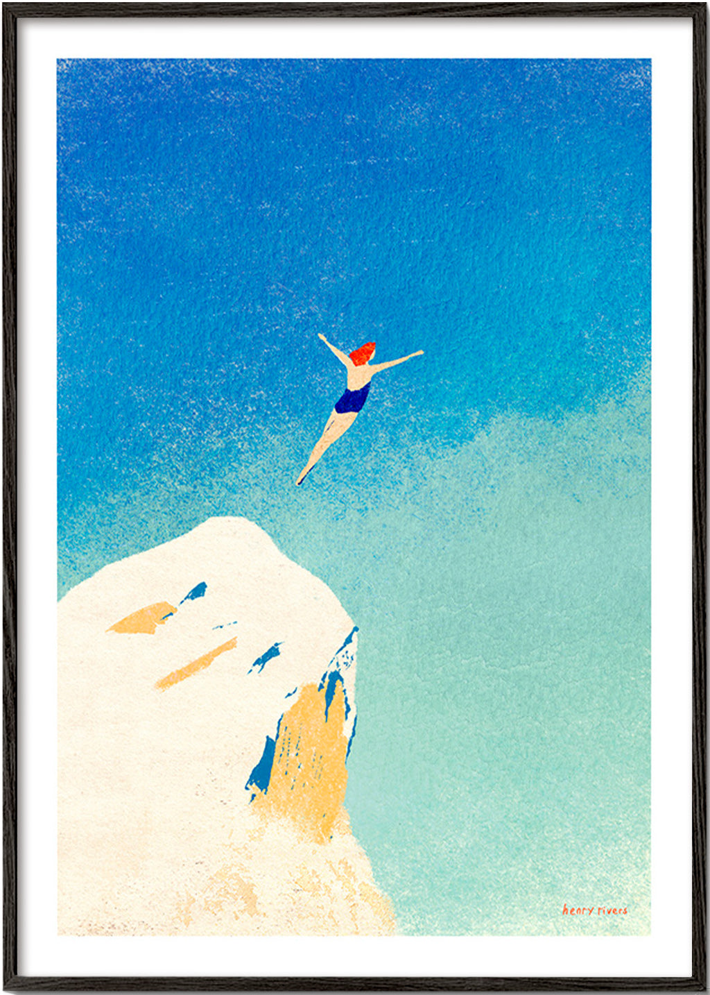Ilustracja: skok ze skały na tle rozległego błękitnego nieba – Black Frame