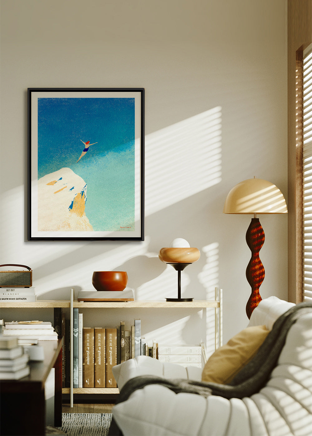 Ilustracja: skok ze skały na tle rozległego błękitnego nieba – Canvas2