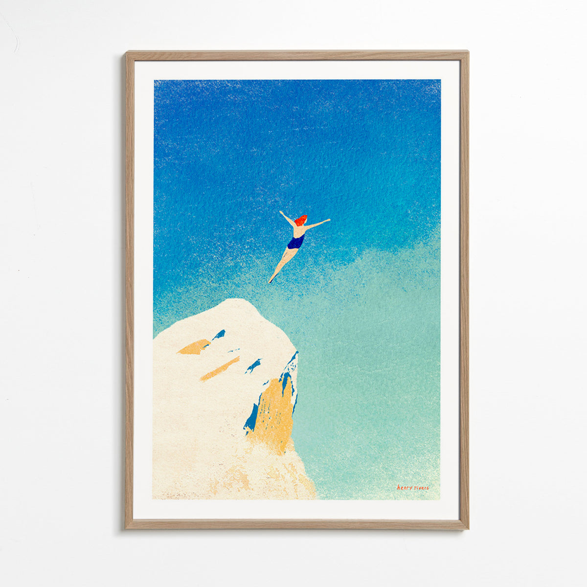 Ilustracja: skok ze skały na tle rozległego błękitnego nieba – Oak Frame