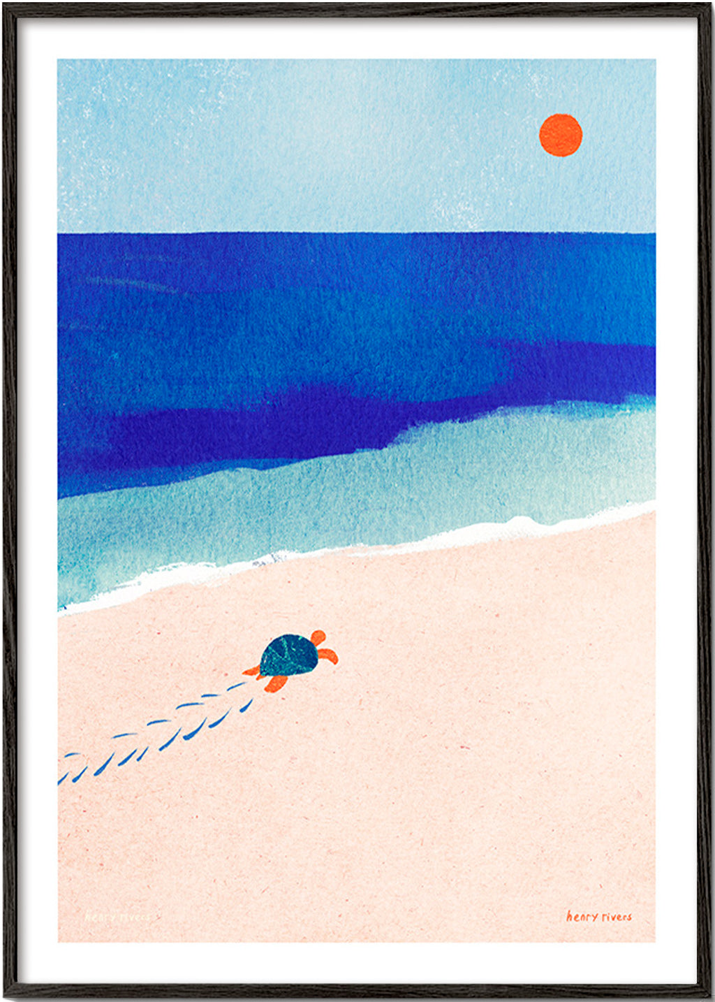 Ilustracja żółwia na plaży – Black Frame