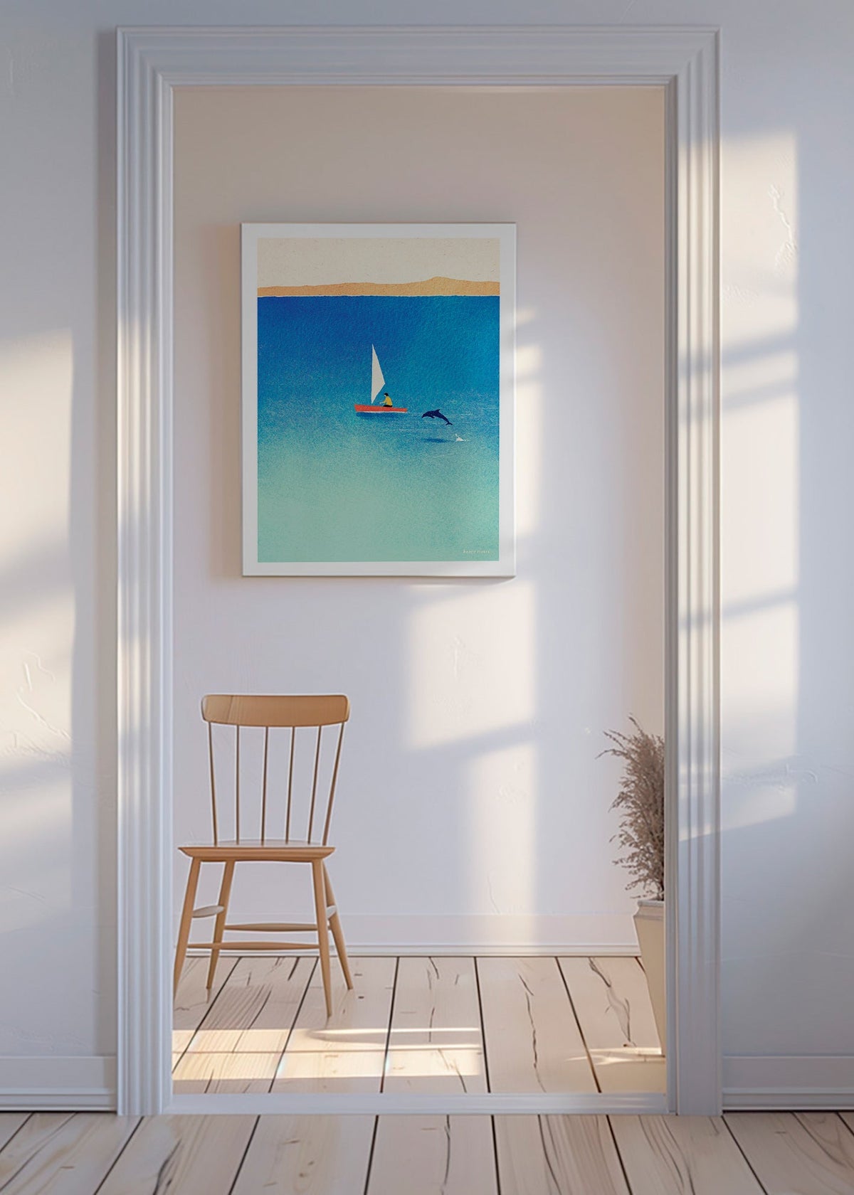 Dzieło z delfinem i żaglówką na niebieskim morzu – Canvas
