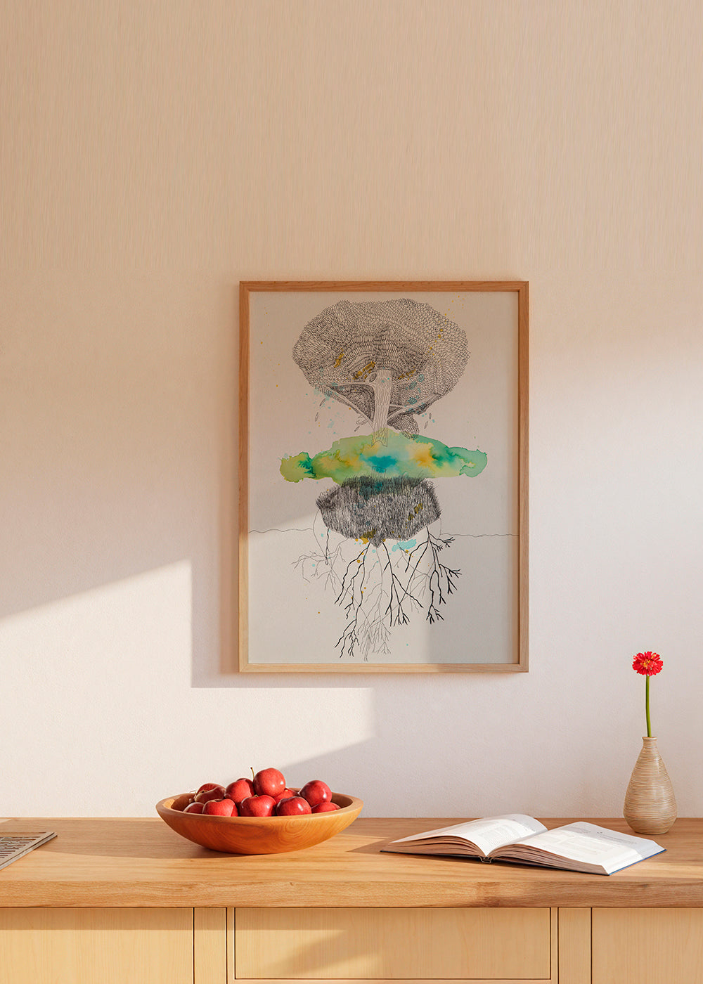 Botaniczny plakat drzewo i korzenie tusz i akwarela – Product1