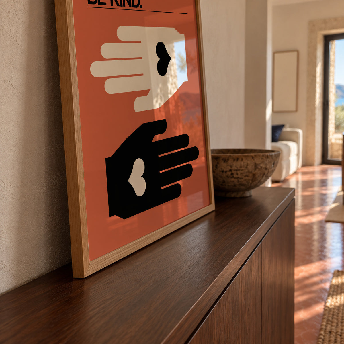 Cool To Be Kind Salmon - Framed poster in an interior