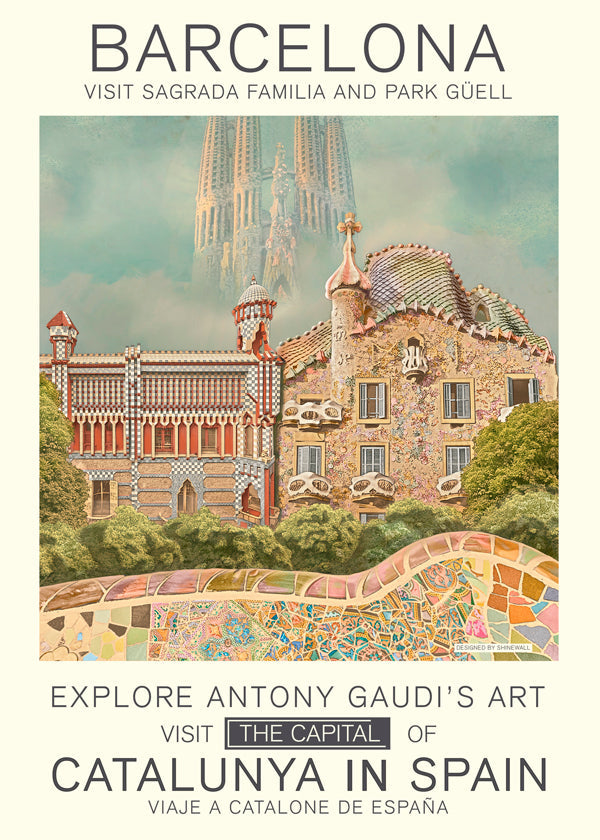 Plakat miasta Barcelona w stylu Gaudí