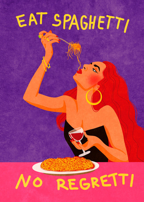 Sztuka do kuchni w stylu pop: kobieta z spaghetti