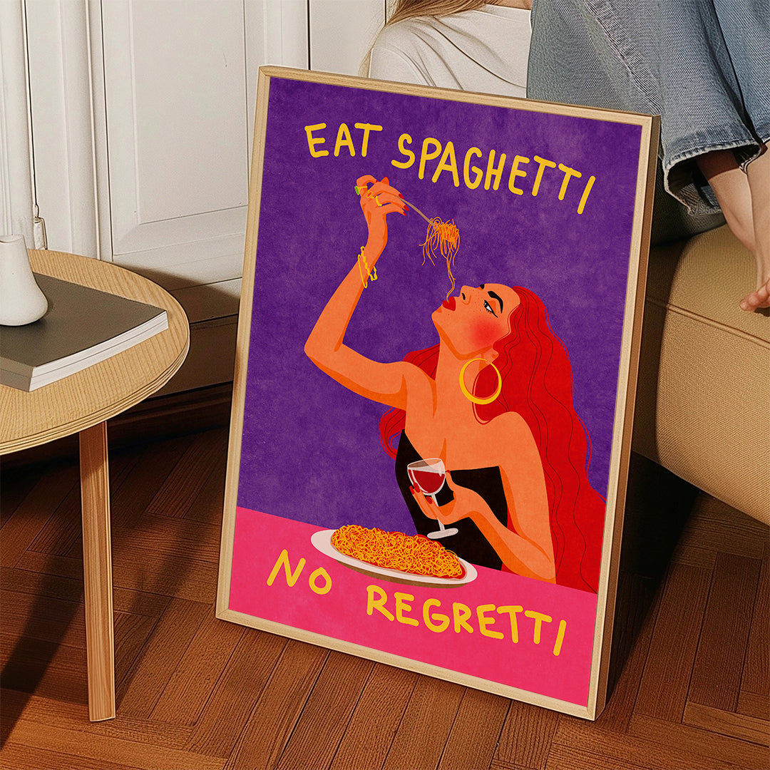 Sztuka do kuchni w stylu pop: kobieta z spaghetti