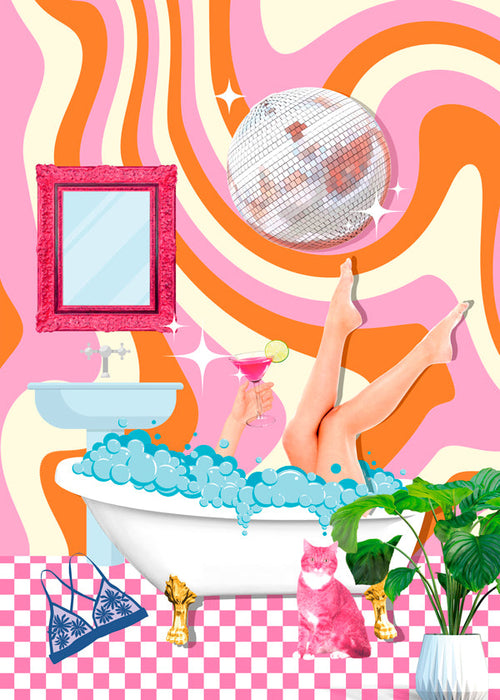 Ilustracja pop z wanną i kulą dyskotekową