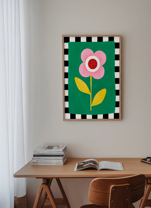 Plakat botaniczny: różowy kwiat na zielonym tle