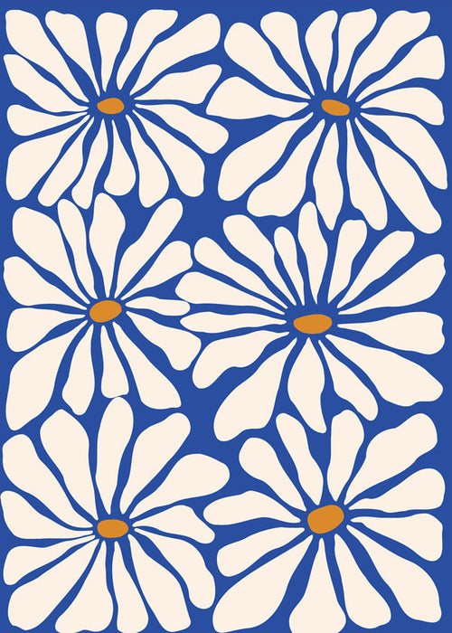 Plakat botaniczny białe stokrotki na niebieskim tle