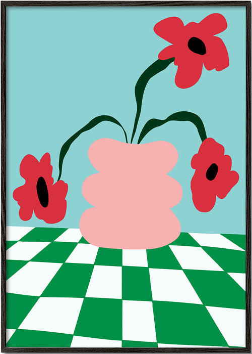 Plakat botaniczny z kwiatami w różowym wazonie