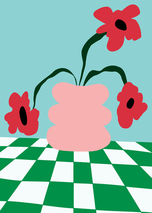 Plakat botaniczny z kwiatami w różowym wazonie