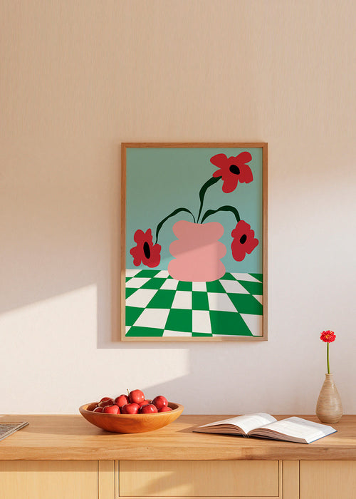 Plakat botaniczny z kwiatami w różowym wazonie