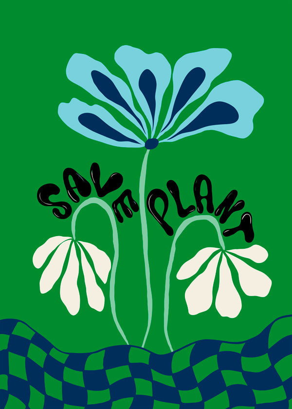 Plakat botaniczny: niebieski kwiat na zielonym tle