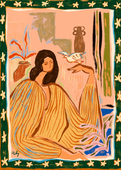 Ilustracja kobiety z ptakiem i roślinami