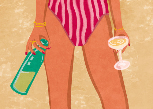 Ilustracja kobiety z winem na plaży