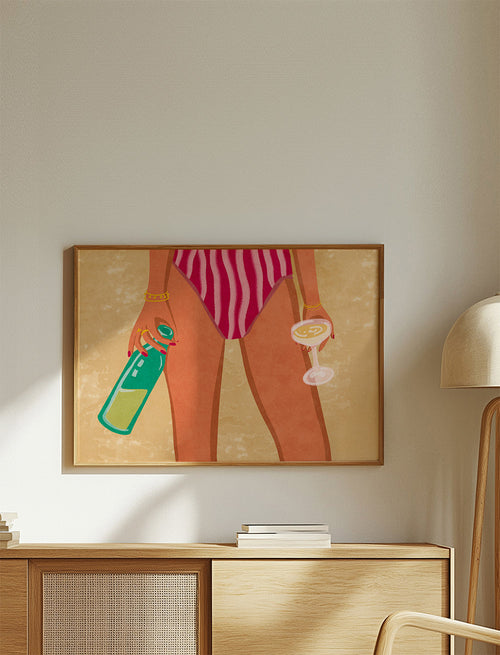 Ilustracja kobiety z winem na plaży