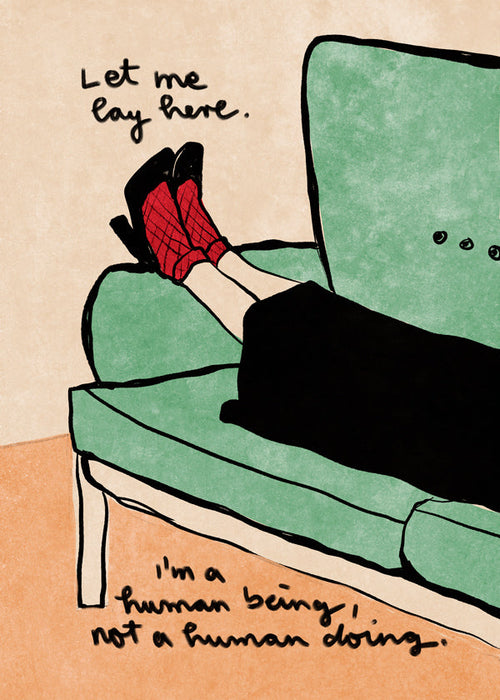 Ilustracja nogi na sofie z odręcznym napisem