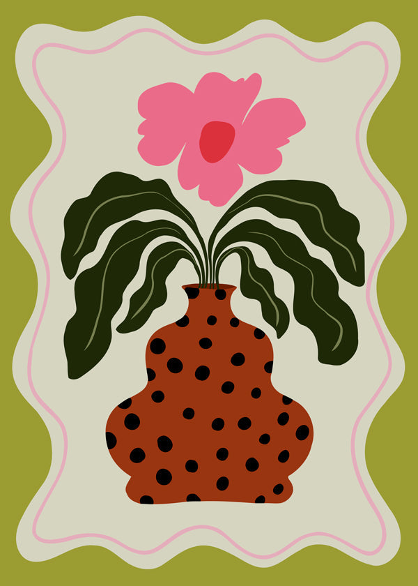 Plakat botaniczny z różowym kwiatem i kropkowanym wazonem