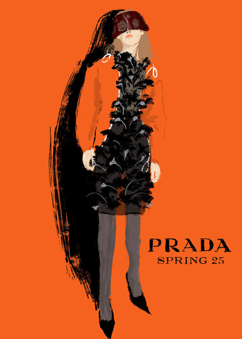 Ilustracja mody PRADA na pomarańczowym tle