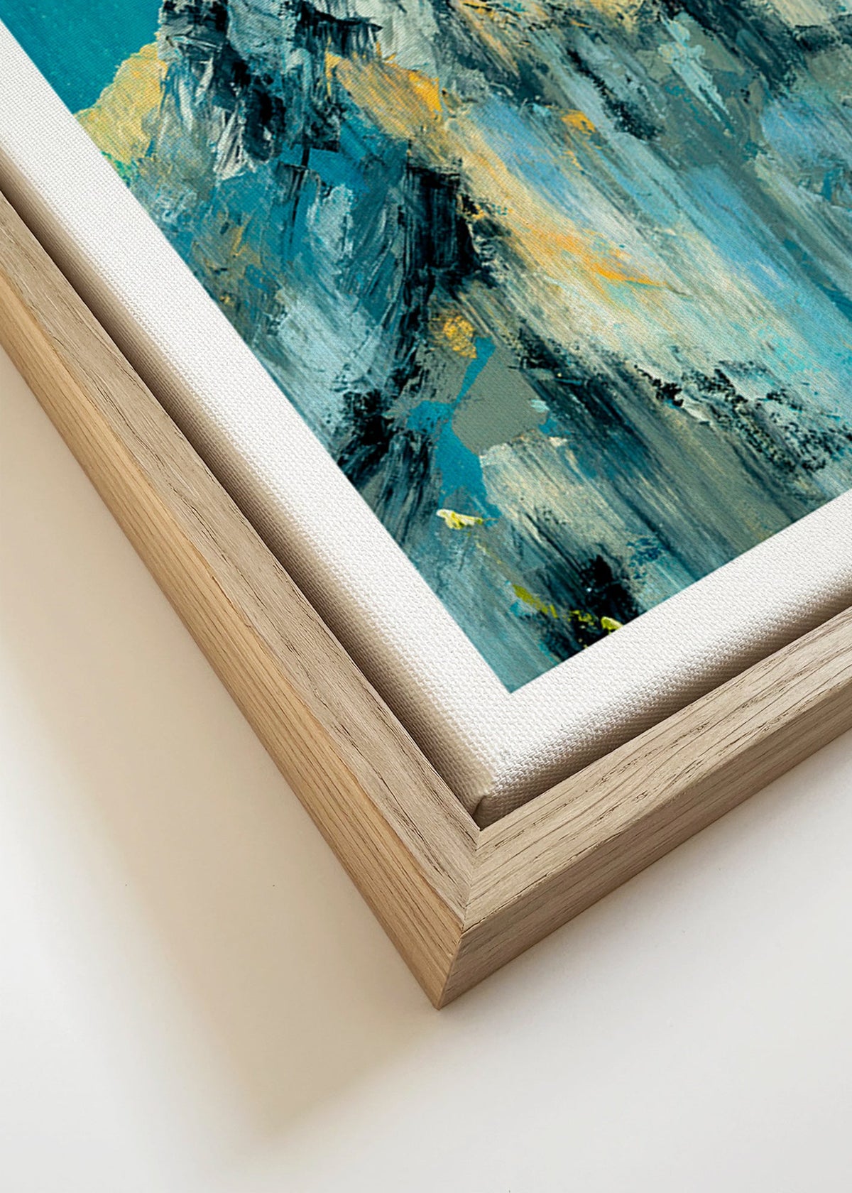 Obraz krajobrazowy z zaśnieżonym szczytem i turkusowymi plamami – Canvas detail