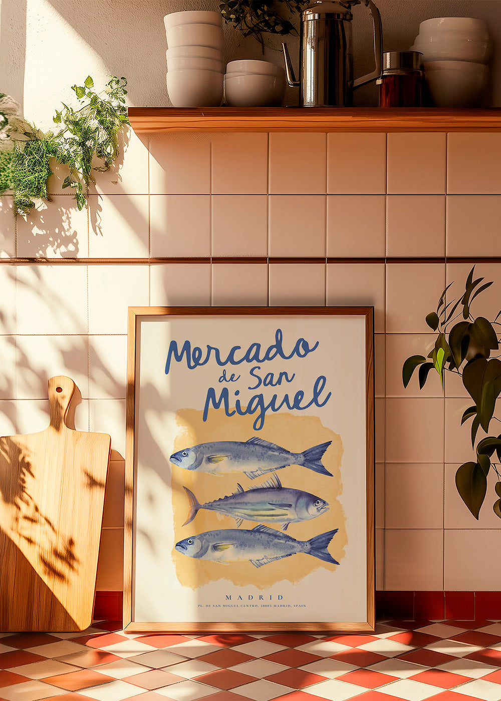 Sztuka do kuchni Mercado de San Miguel z niebieskimi rybami