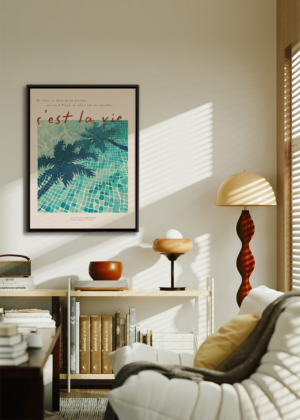 Ilustracja basenu z cieniami palm