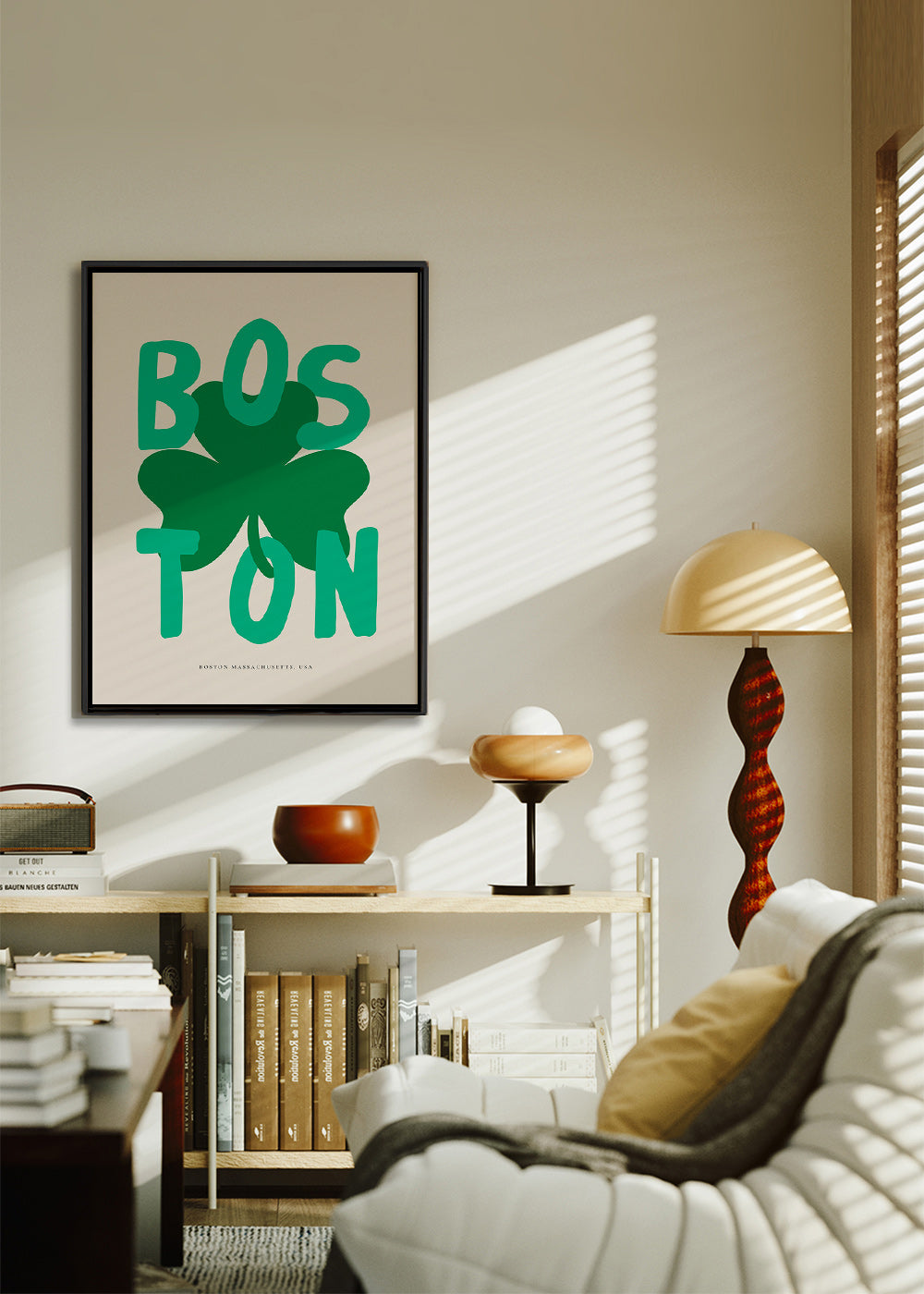 Plakat podróżniczy Boston z koniczyną graficzną
