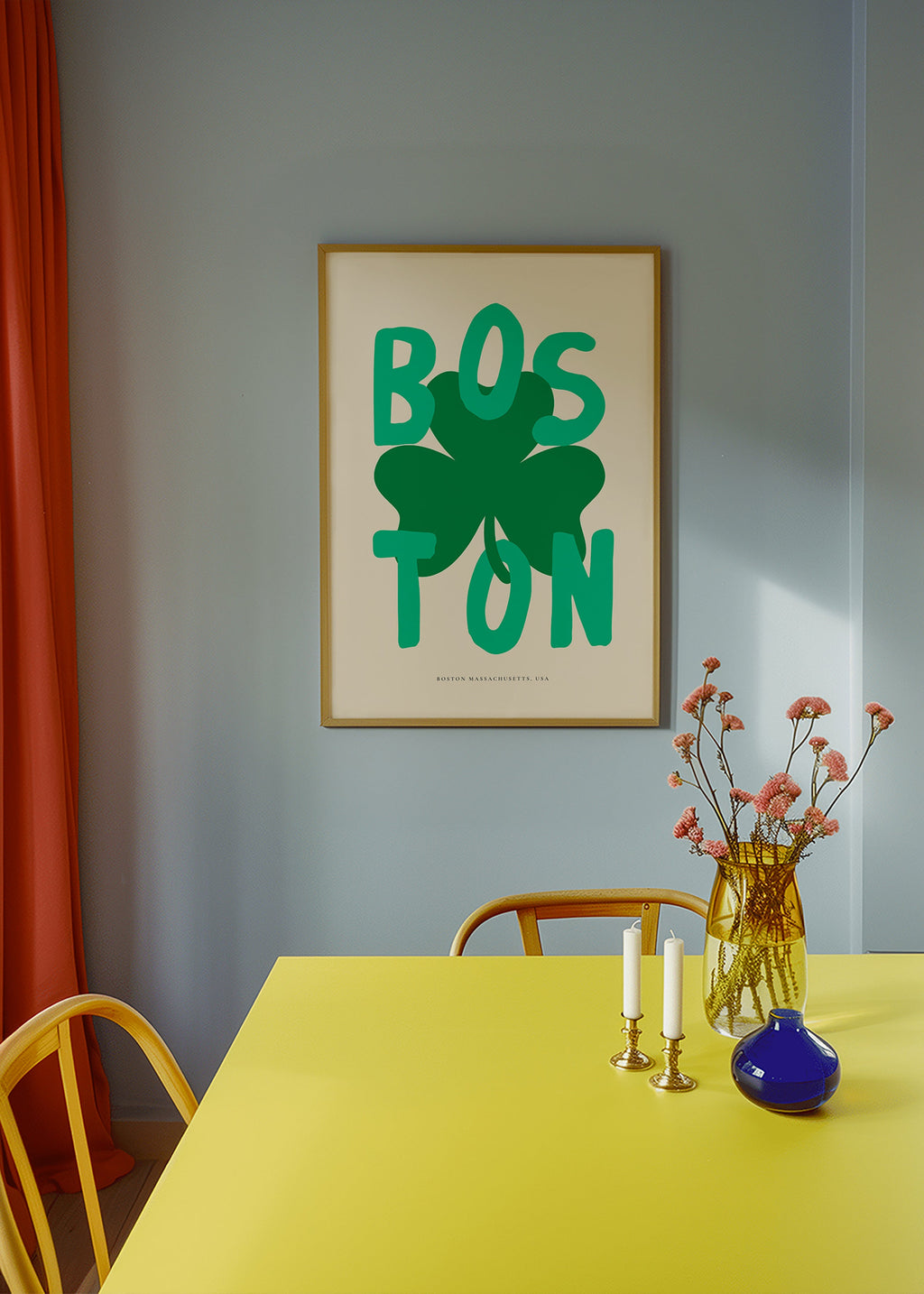 Plakat podróżniczy Boston z koniczyną graficzną