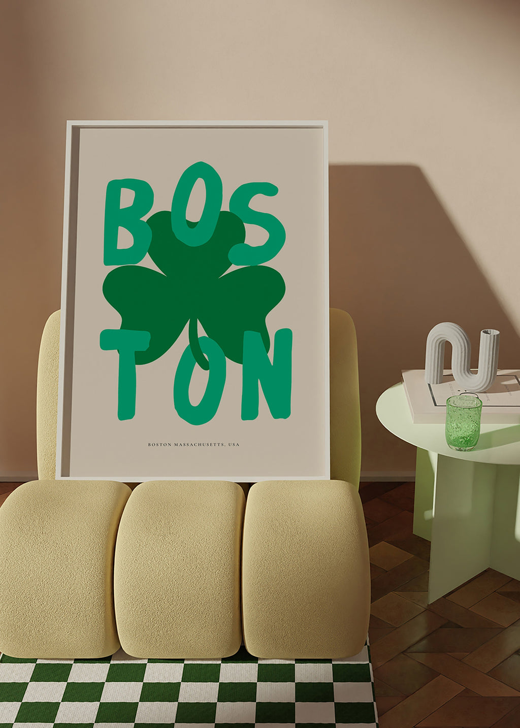 Plakat podróżniczy Boston z koniczyną graficzną