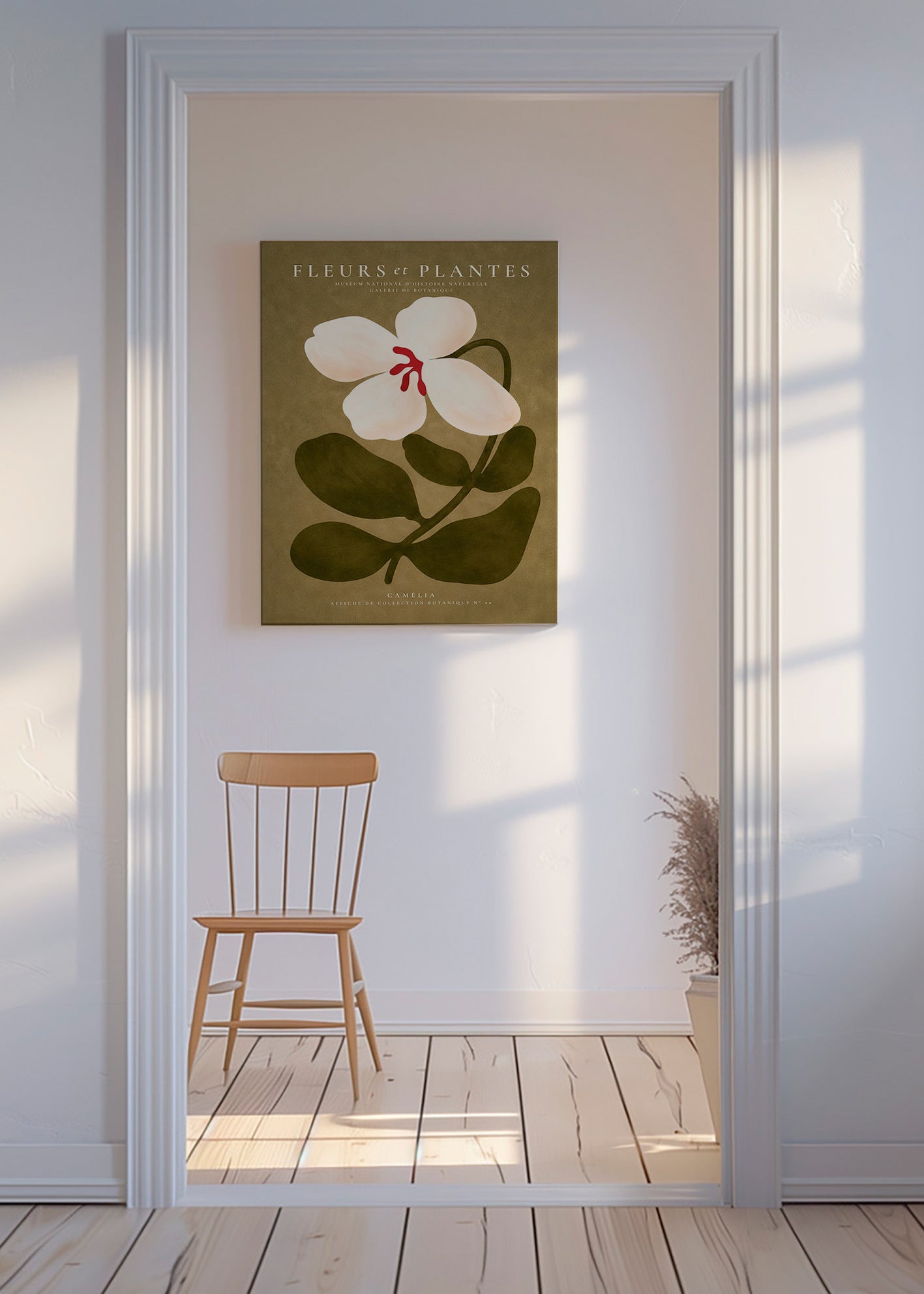 Plakat botaniczny: biała kamelia na oliwkowym tle