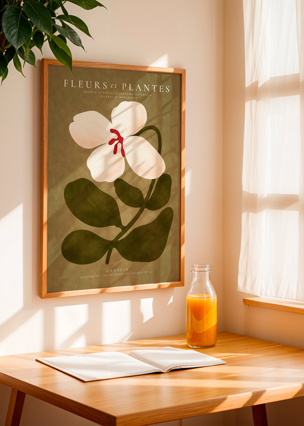 Plakat botaniczny: biała kamelia na oliwkowym tle