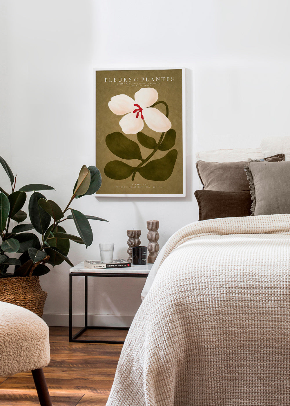 Plakat botaniczny: biała kamelia na oliwkowym tle