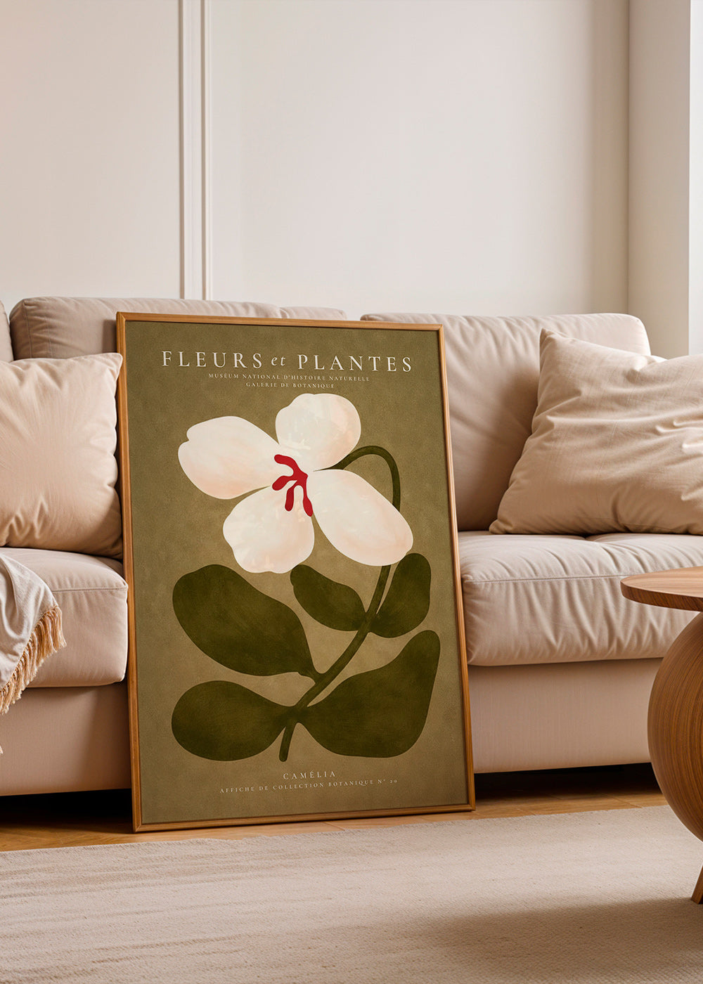 Plakat botaniczny: biała kamelia na oliwkowym tle
